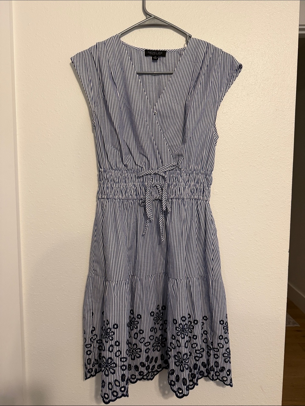 Rachel Zoe Blue & White Striped Tie-Waist Mini Dress with Embroidered Hem